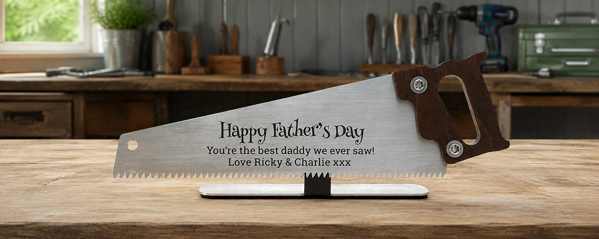 Personalised saw ornament in a warm lifestyle setting